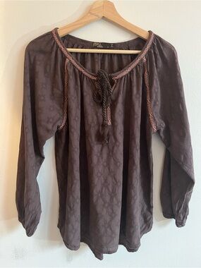 Prana Scoop Neck Embroidered Peasant Top in Lightweight Textured Brown size L
